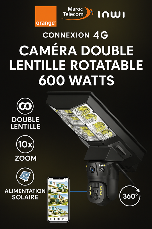 Caméra de Sécurité Solaire 4G – Double Lentille + Projecteur LED 600W